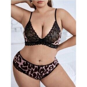 Size 3X Plus Leopard Print Contrast Mesh Lingerie Set